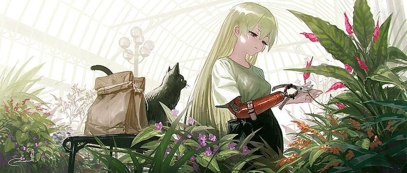 mechanical arm, cyborg anime girl, botanical garden, cat, green hair, Anime, HD wallpaper