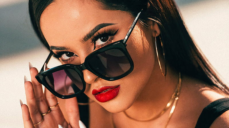 Becky G X Dime Is Holding Sunglasses On Nose And Black Dress With Gold Chains On Neck Celebrities, HD wallpaper