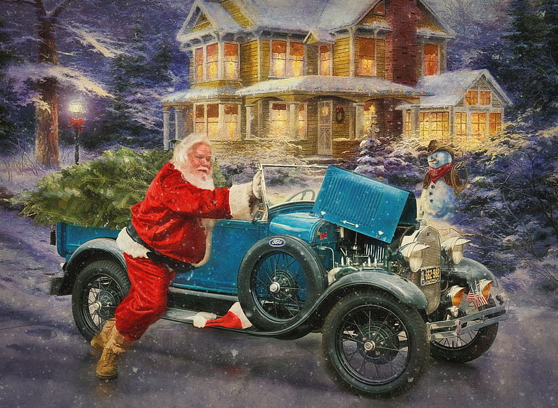 Santa with old car, red, luminos, craciun, christmas, old man, retro, santa, car, painting, pictura, blue, vintage, HD wallpaper