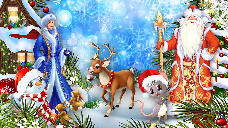 Santa and Friends, Santa Claus, reindeer, Saint Nicholas, snowman, Christmas, Feliz Navidad, Saint Nick, Father Christmas, winter, cute, snow, mouse, HD wallpaper