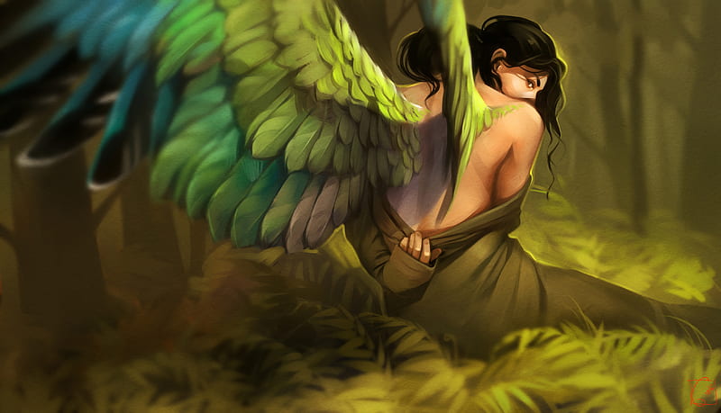 Green Wings, angel, fantasy-girls, wings, HD wallpaper