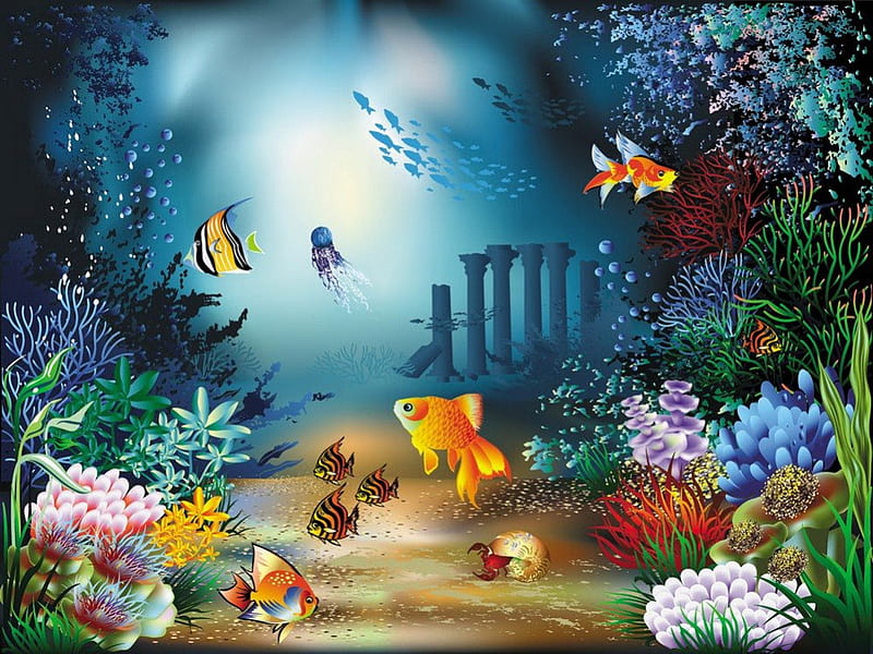 Under water, corals, world, fish, children, sea, painting, light, kids, sea  animals, HD wallpaper | Peakpx