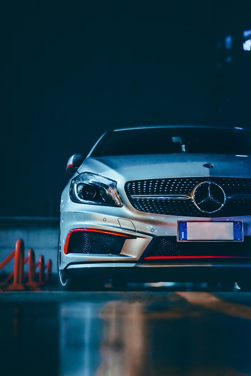 Mercedes, car, gray, front view, night, HD phone wallpaper | Peakpx