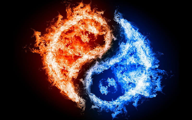yin and yang, creative, blue and orange fire, dualism concepts, fiery yin yang, artwork, yin yang, dualism, HD wallpaper