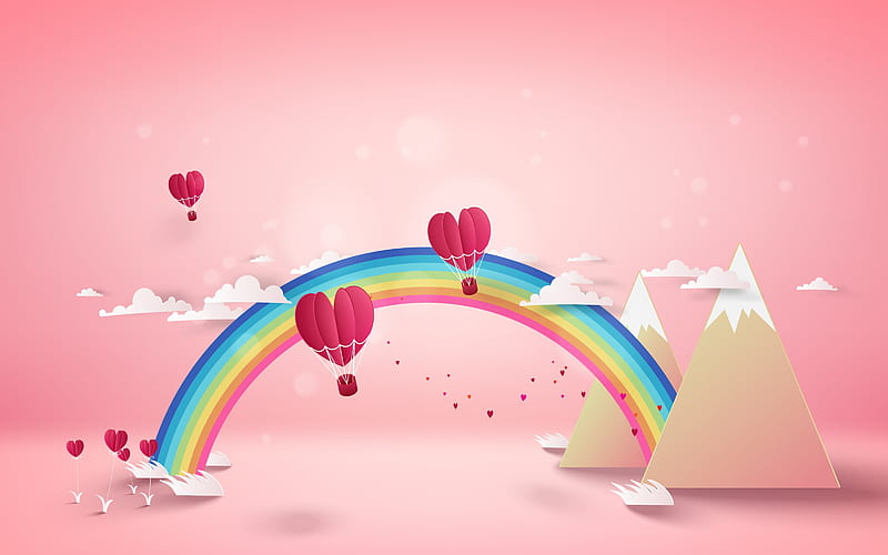 mountain, hot air balloon, heart, rainbow, paper, valentine, pink, blue, cloud, HD wallpaper