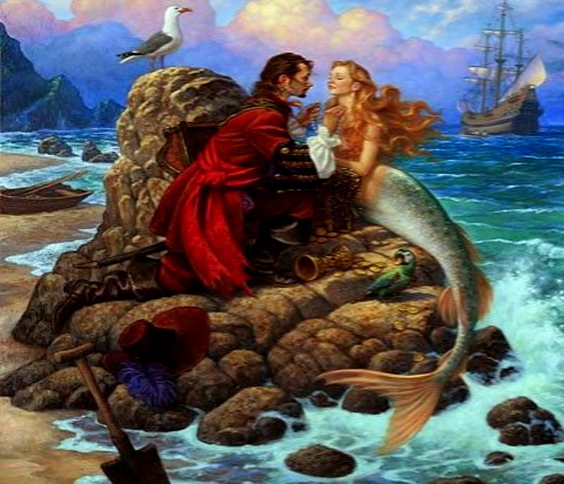 Pirate And Mermaid, Pirate, Rocks, Mermaid, Sea, Water, Ship, HD wallpaper