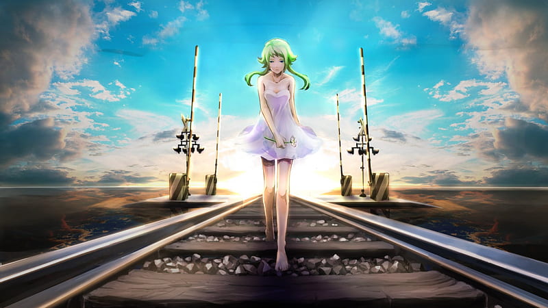 Where the road takes me..., sun, girl, anime, railroad tracks, flower, miku, sky, HD wallpaper