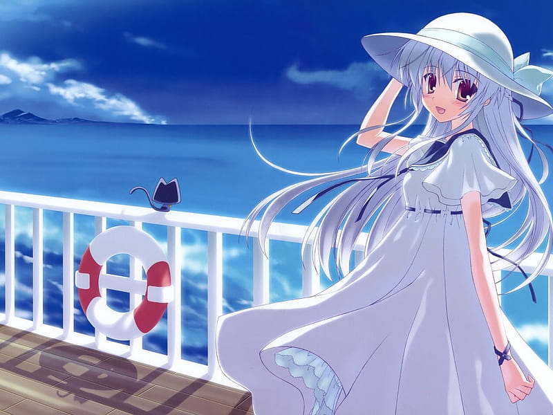 Anime with a hat, anime, doll, sea, sweet, hat, HD wallpaper
