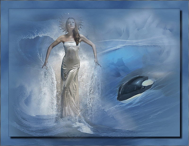 WATER GODDES, female, water, whale, goddess, orca, ocean, waves, blue, HD wallpaper
