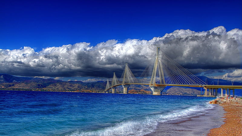 magnificent rio-antirio bridge in greece r, shore, bridge, r, straits, clouds, HD wallpaper