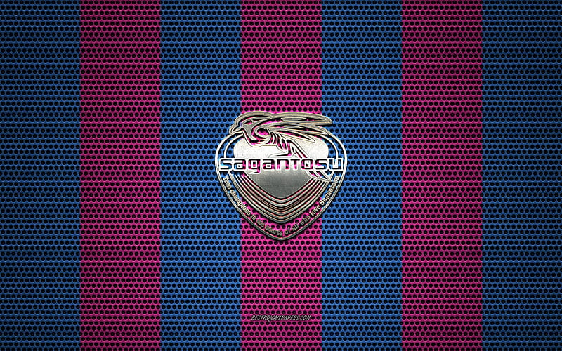 Sagan Tosu logo, Japanese football club, metal emblem, blue pink metal mesh background, Sagan Tosu, J1 League, Tosu, japan, football, Japan Professional Football League, HD wallpaper