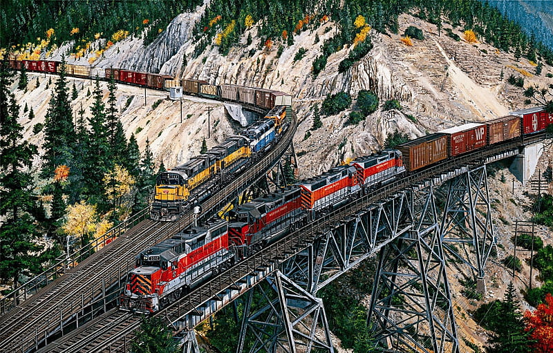 Railway bridges, locomotives, nature, trains, mountains, HD wallpaper