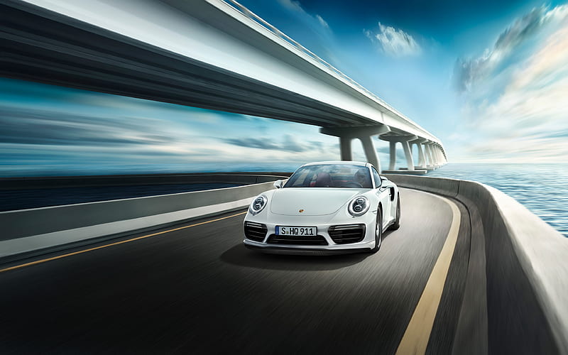 Porsche 911 Turbo S road, 2017 cars, motion blur, supercars, Porsche, HD wallpaper