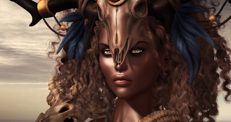 Sorceress, luminos, brown, woman, animal, horns, fantasy, girl, rendering, face, mask, skull, HD wallpaper