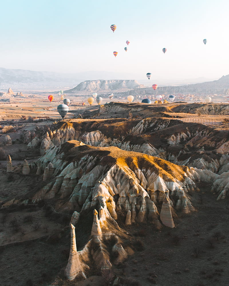 balloons, colorful, mountains, rocks, valley, HD phone wallpaper