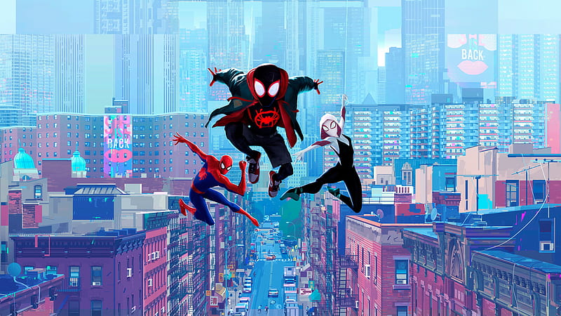 spider-man: into the spider-verse, miles morales, spider woman, cityscape, animation, Movies, HD wallpaper