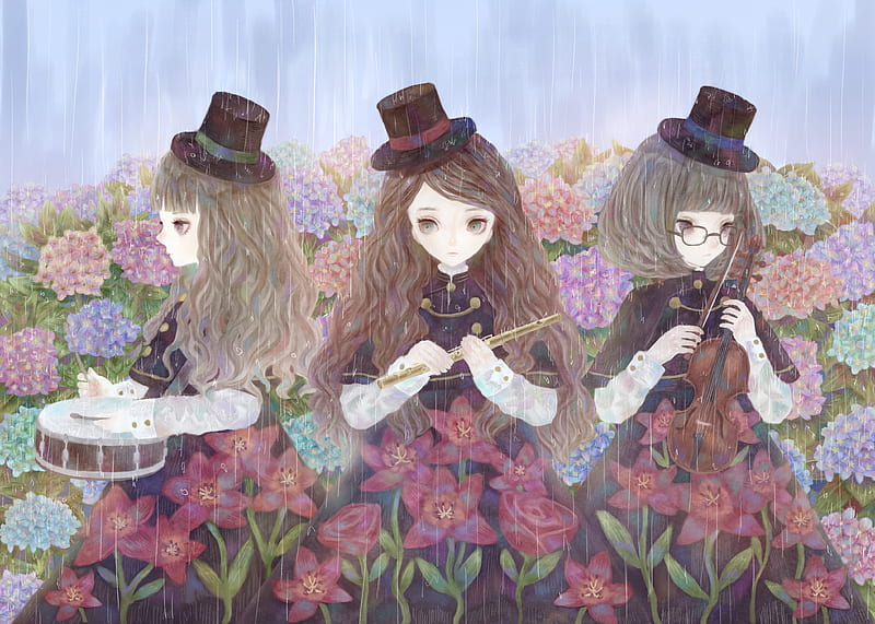 Rain song, violin, hydrangea, luminos, drummer, manga, tagme, hat, instrument, girl, trio, anime, flower, realistic, HD wallpaper