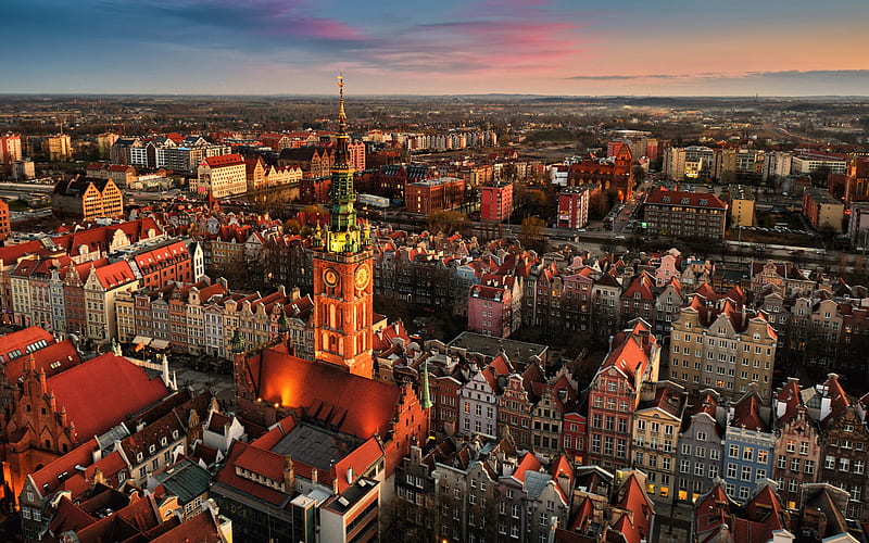 Gdansk Town Hall, Gdansk, evening, sunset, chapel, Gdansk cityscape, beautiful city, Pomerania, Poland, HD wallpaper