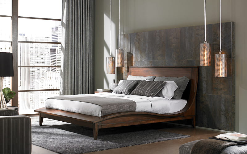 stylish bedroom design, modern interior, large dark wooden bed, stylish lamps, modern interior design, HD wallpaper