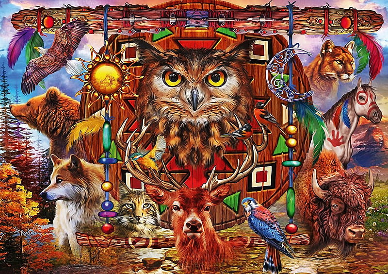 Animal Totem, owl, buffalo, colors, eagle, bear, wolf, horse, deer, cat, HD wallpaper