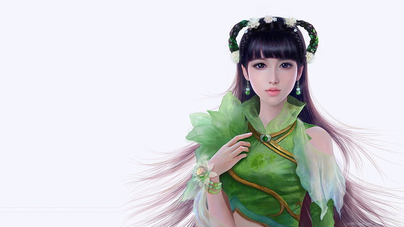 Dynasty princess, frumusete, fantasy, luminos, green, girl, ruoxin zhang, asian, emerald, HD wallpaper