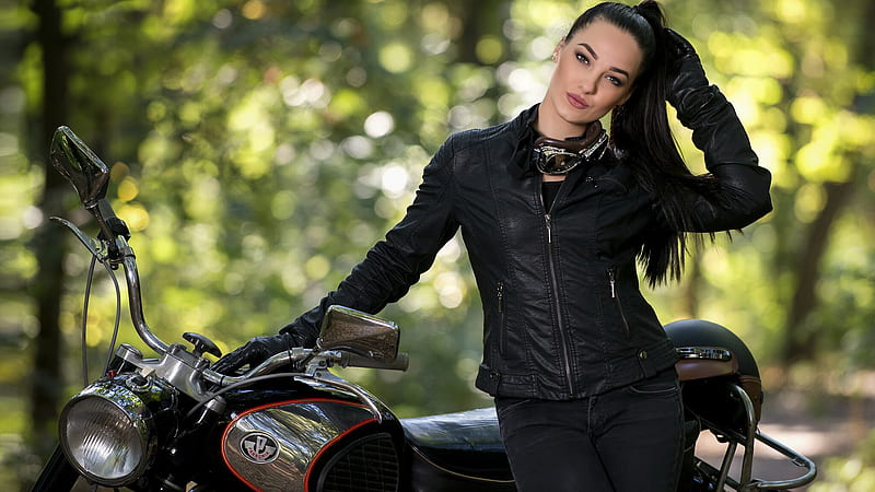Beautiful Girl Model Pannonia Ponytail With Black Hair And Black Leather Jacket Is Standing Near Motorcycle Pannonia Ponytail, HD wallpaper