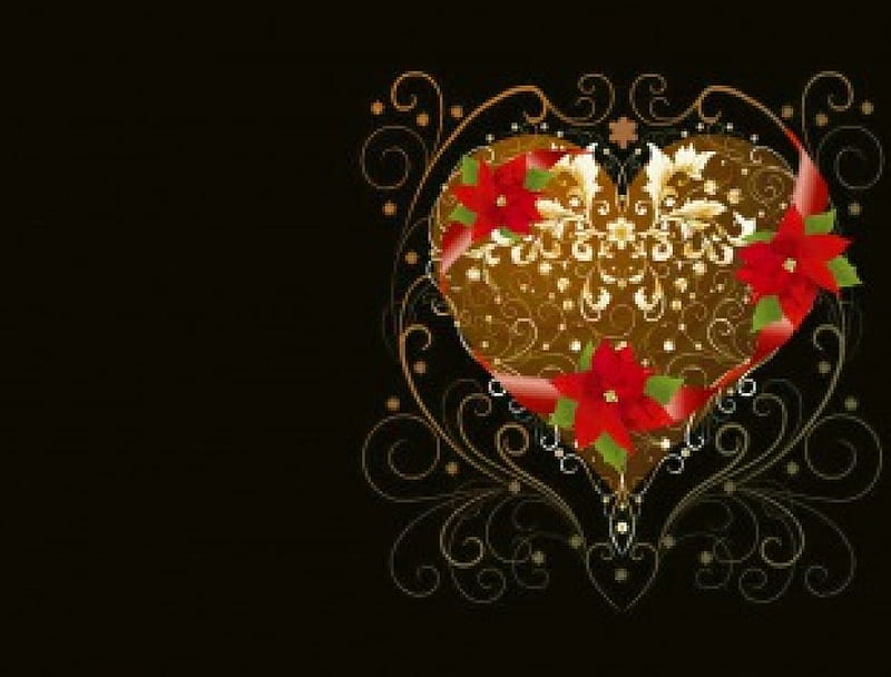 Christmas Rose Heart, golden heart, the christmas rose, the rose on golden heart, flowers for christmas, HD wallpaper