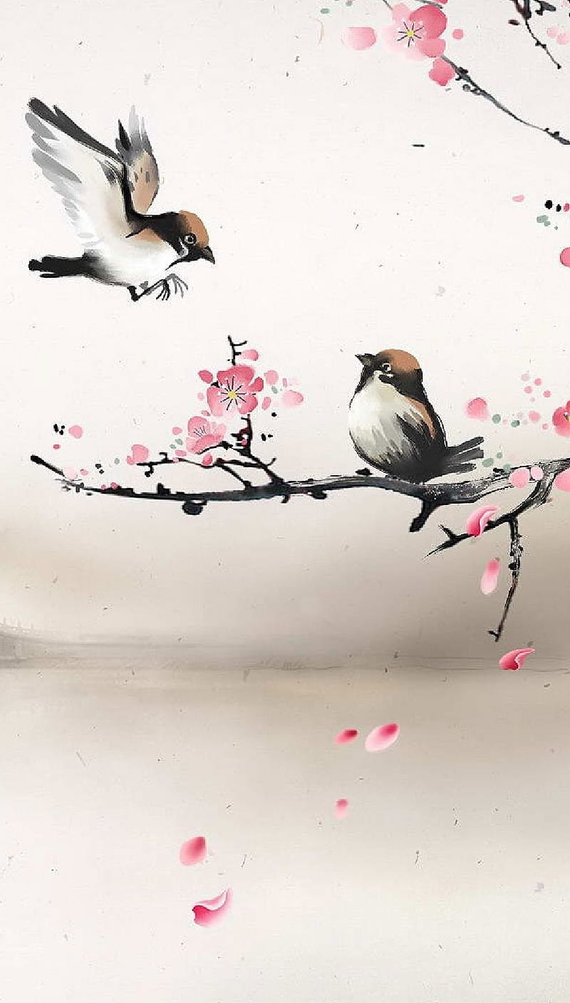Orlental, birds, china, i6, japanese, oriental, petal, tree, white, zen, HD phone wallpaper
