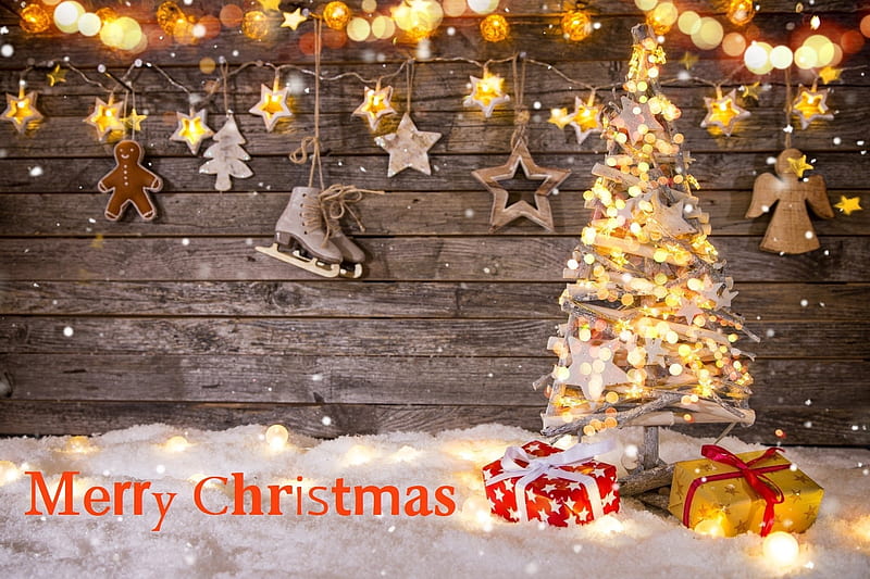 Merry Christmas, Presents, Garland, Tree, Snow, Lights, Skate, Pretty, Gingerbread Man, Stars, Angel, HD wallpaper