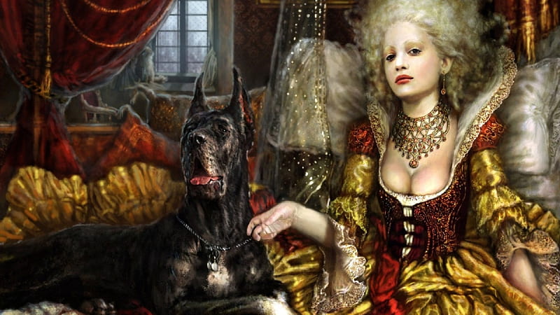 Queen, regal, woman, royal, fantasy, royalty, rich, lady, dog, HD wallpaper