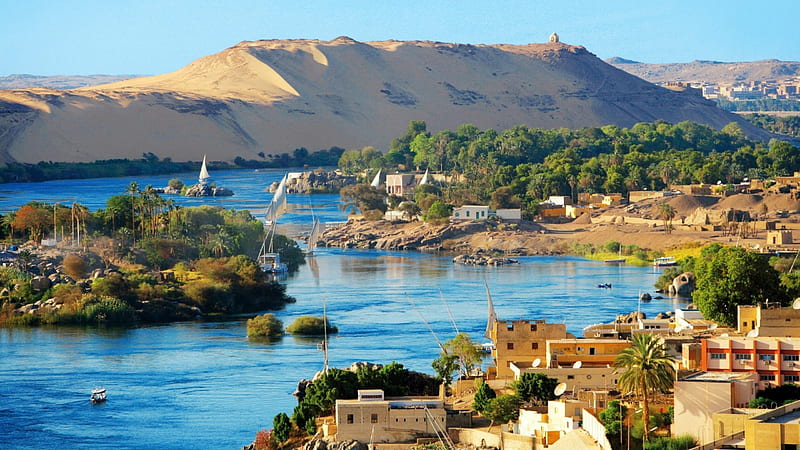 The Nile, city, boats, desert, Egypt, river, Nile, HD wallpaper