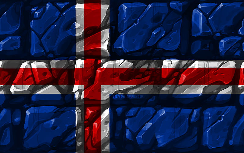 Icelandic flag, brickwall European countries, national symbols, Flag of Iceland, creative, Iceland, Europe, Iceland 3D flag, HD wallpaper