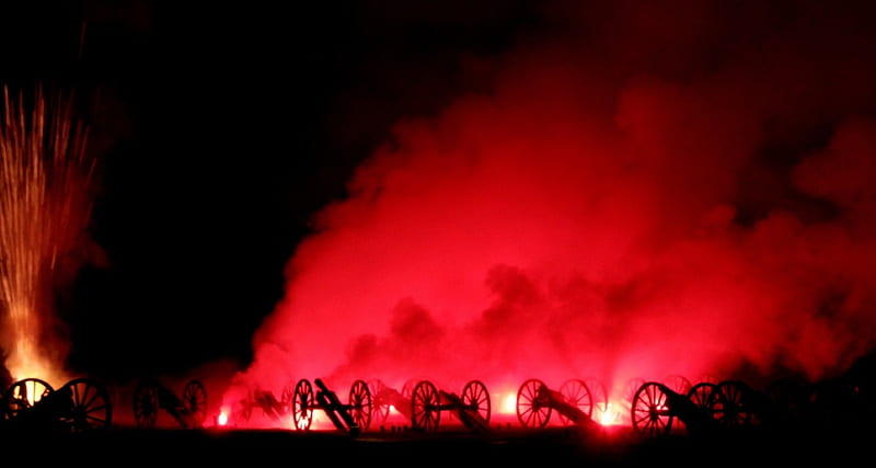 Cannon Fodder, cannons, fire, red, lights, HD wallpaper