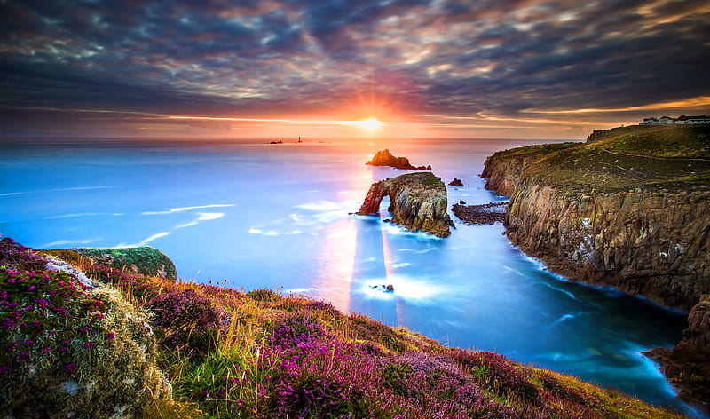 HD wallpaper cornwall sunrise reflection coast clouds sky rocks sunrise sea beautiful wildflowers england