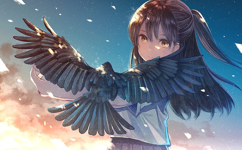 anime girl, black bird, brown hair, sunset, sky, school uniform, Anime, HD wallpaper