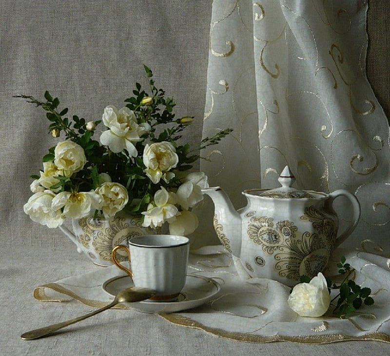 Tea with Roses, teapot, still life, white roses, flowers, teacup, HD wallpaper