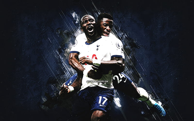 Moussa Sissoko, Serge Aurier, Tottenham Hotspur FC, blue stone background, Premier League, England, football, HD wallpaper