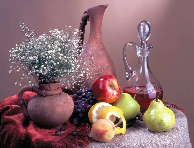 Pottery And Fruits, red, table, carafe, apples, wine, baby breathe, fabrics, grapes, still life, lemons peaches, pears, vases, jugs, white, HD wallpaper