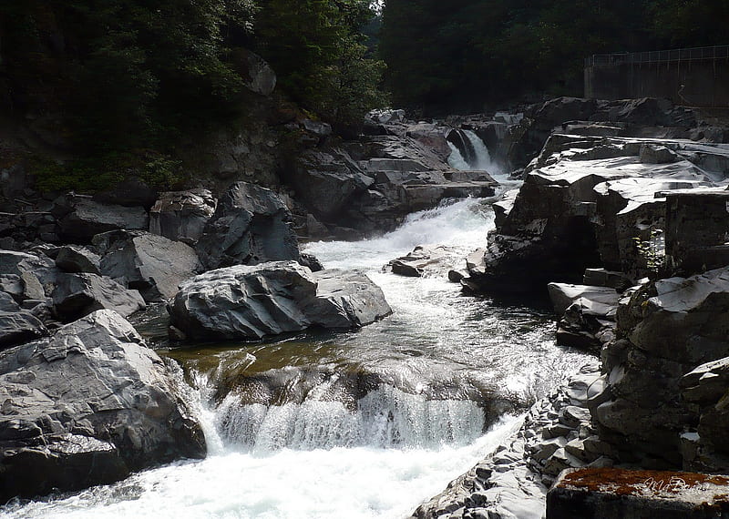 Granite Falls, rocks, stilliguamish river, mountain loop, washington, fish ladder, treees, waterfalls, HD wallpaper
