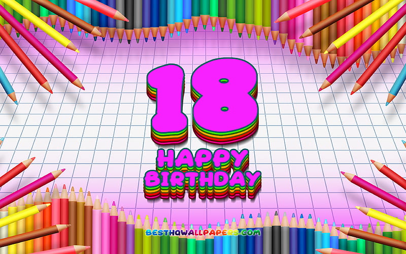 Happy 18th birtay, colorful pencils frame, Birtay Party, purple checkered background, Happy 18 Years Birtay, creative, 18th Birtay, Birtay concept, 18th Birtay Party, HD wallpaper