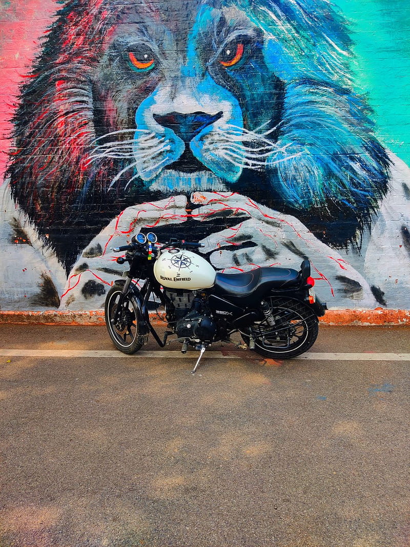 Royal Enfield TB350x, creative graphy, royal enfield, thunderbird 350x, white bike, bikers, riders, lion art, animal painting, lion, graphy, HD phone wallpaper