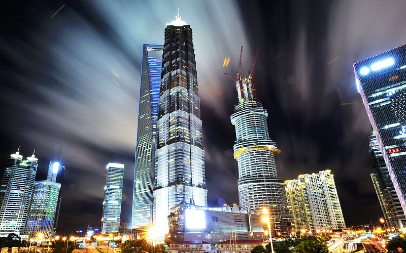 Shanghai, skyscrapers, Shanghai World Financial Center, Jin Mao, China, night lights, tower, Shanghai landmark, HD wallpaper