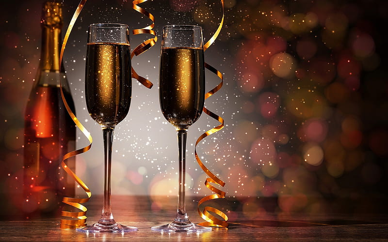 Glare of light, Bottle, Champagne, Glasses, New year, HD wallpaper