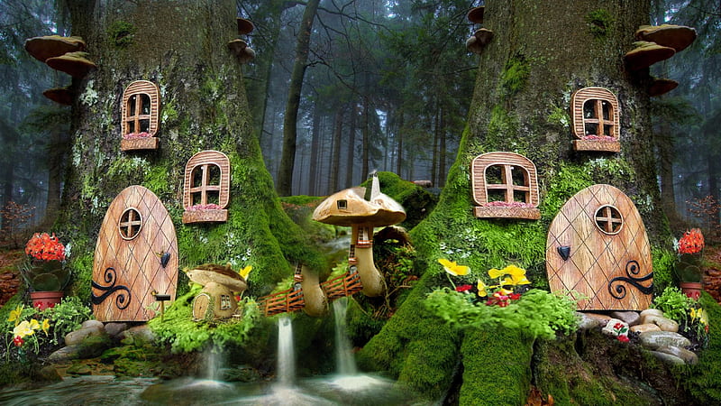 Deep in the forest, there is a little fairyland, forest, fairyland, landsapes, houses, homes, trees, waterfalls, doors, windows, mushroom house, fantasy, fairies, HD wallpaper