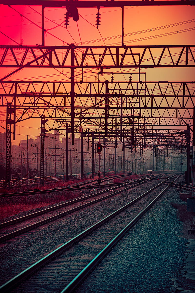railway, rails, construction, traffic light, sunset, HD phone wallpaper