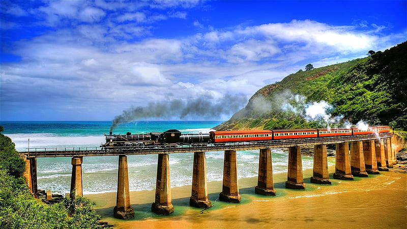 Steaming up the Shoreline, countryside, beach, bridge, steam train, bonito, blue sky, passing, HD wallpaper
