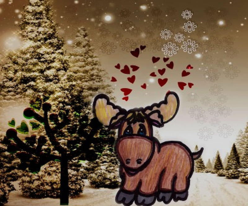 Winter Moose, cute, moose, winter, drawing, HD wallpaper