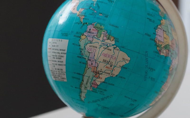 globe, South America, administrative map of South America, continents, oceans, travel to South America, HD wallpaper