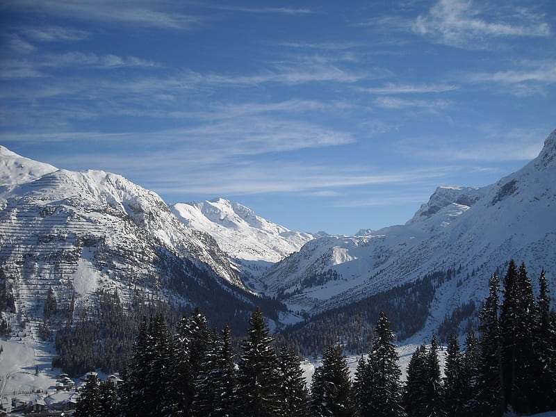 Beautiful Mountain View 2, rock, woods, fir tree, trees, sky, firs, snow, mountains, ice, austria, skiing, white, blue, HD wallpaper