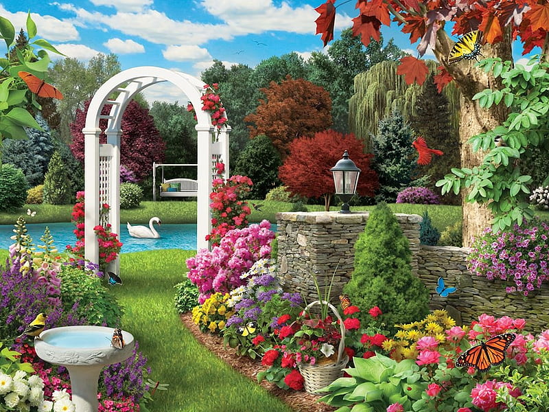 Glorious Garden, floers, arch, bird, garden, puzzle, way, bath, HD wallpaper